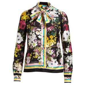 Dolce & Gabbana Floral Bouquet Silk Twill Tie-Neck Blouse (38 IT)